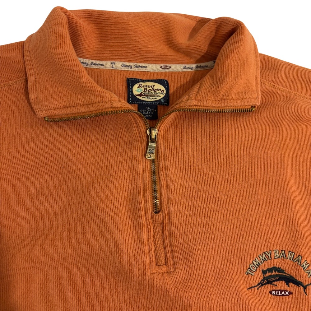 Tommy Bahama Relax Orange Quarter Zip Sweatshirt Pullover Mens XL Marlin Logo